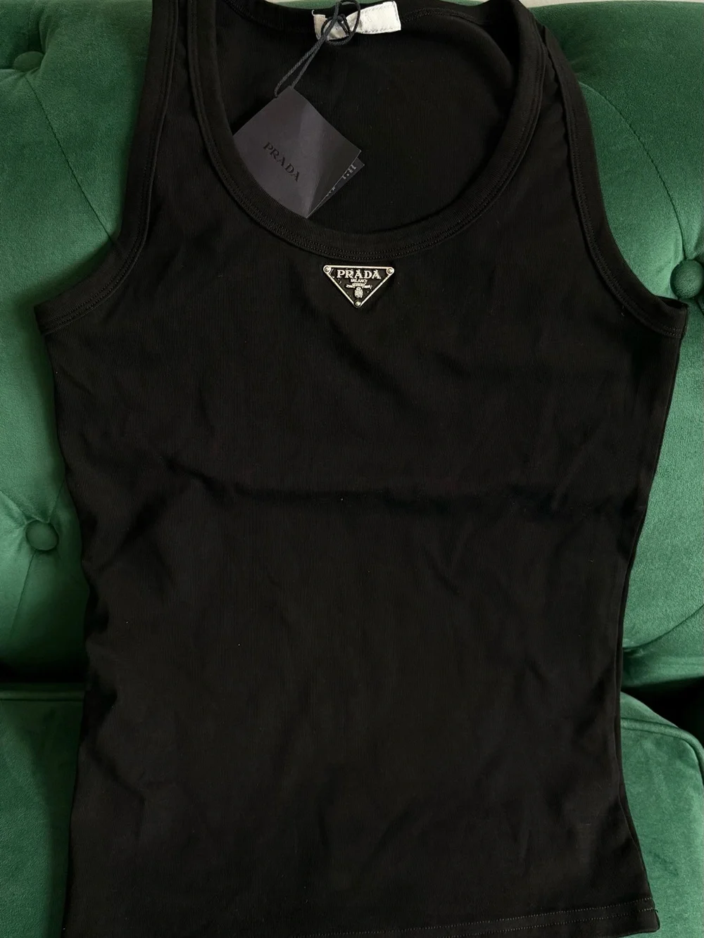 Prada Black Cotton Short-Sleeve Tee with Gold Triangle Logo